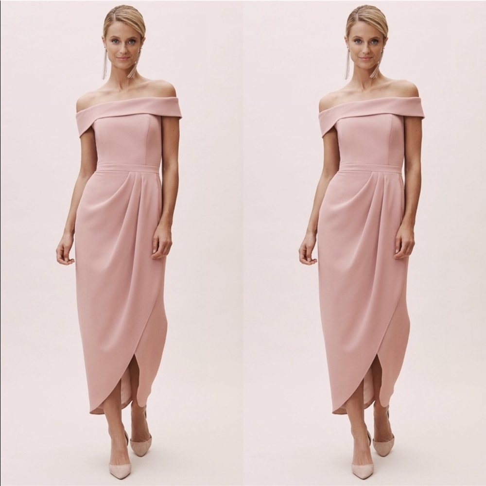 Off shoulder pink dress with tulip hem